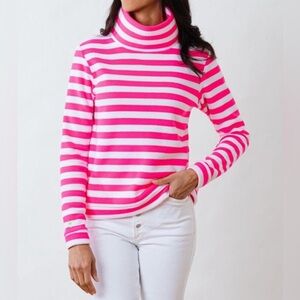Dudley Stephens Park Slope Fleece Pullover Pink White Stripes Large Turtleneck